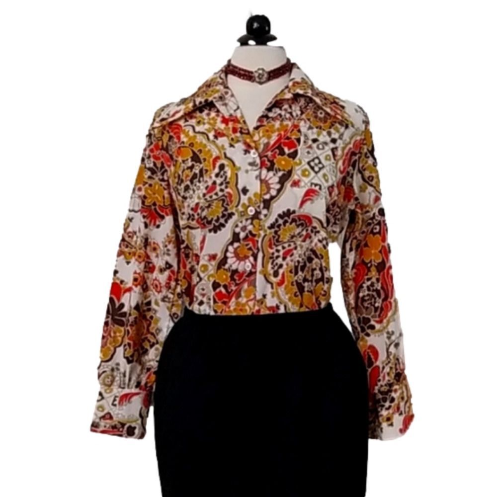 𝅺VINTAGE 70's Laura Mae Life Press Blouse Mod Paisley Print - Orange & Brown